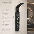 Rainfall shower head on rectangular shower panel tower, matte black finish for premium bathroom fittings