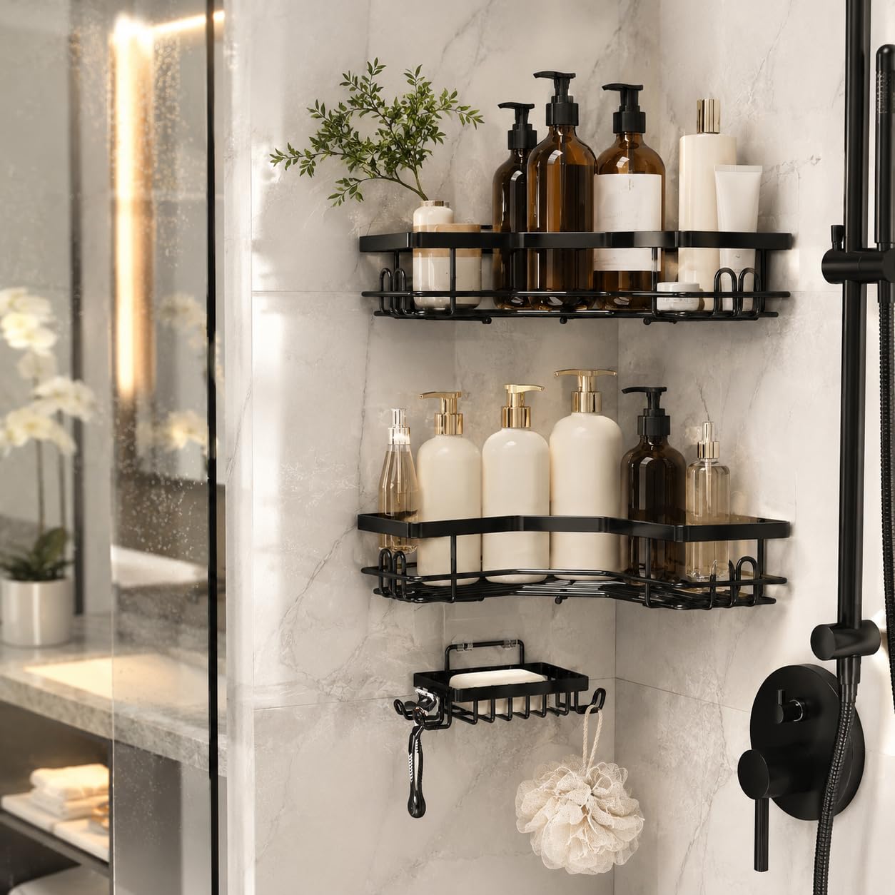 Modern washroom corner rack in black finish for compact bathrooms