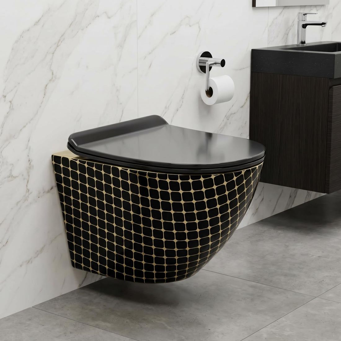 Hindware wall mounted commode by InArt, rimless ceramic oval wall hung WC in black gold finish