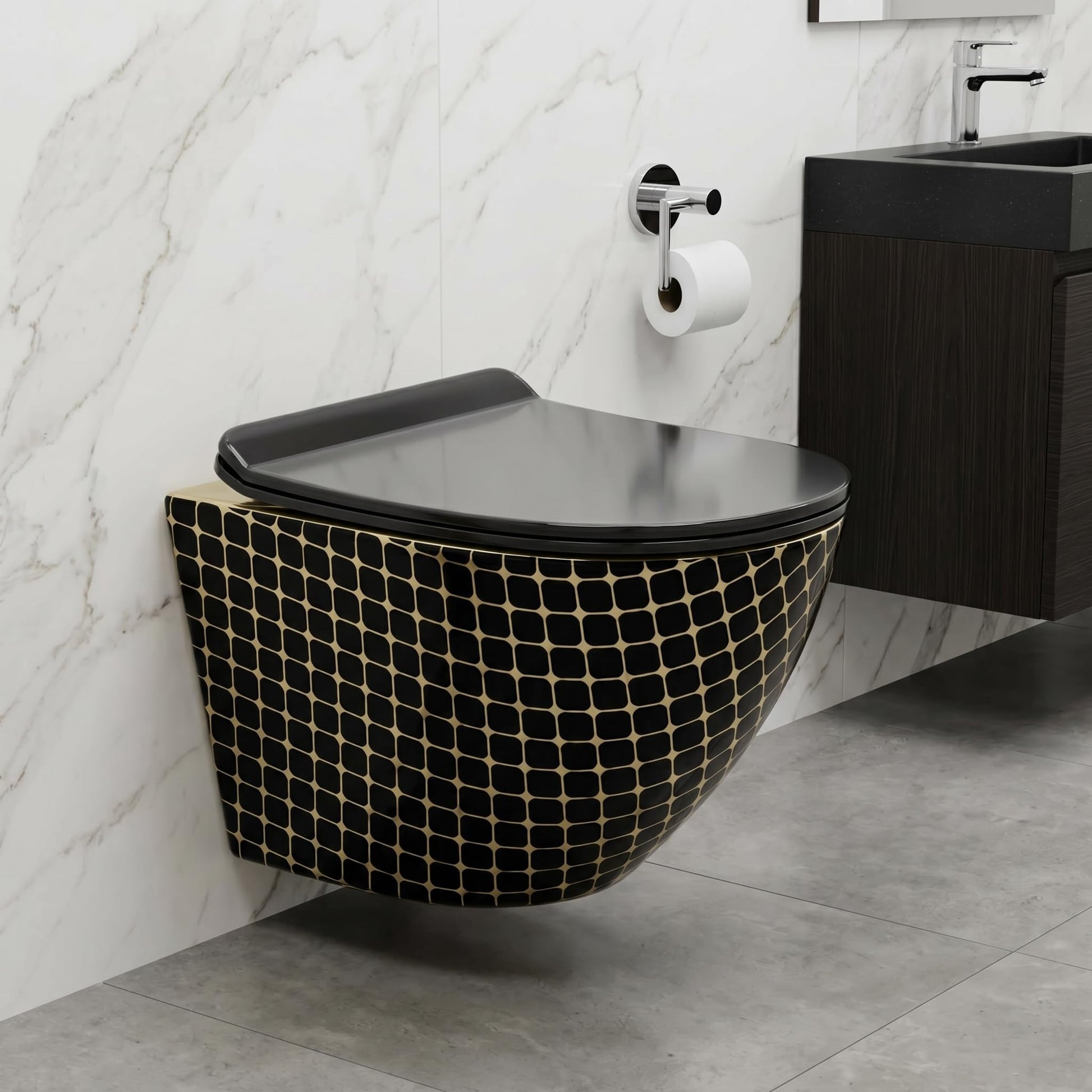 Hindware wall mounted commode by InArt, rimless ceramic oval wall hung WC in black gold finish