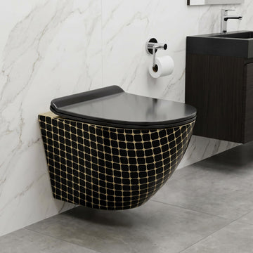 Hindware wall mounted commode by InArt, rimless ceramic oval wall hung WC in black gold finish
