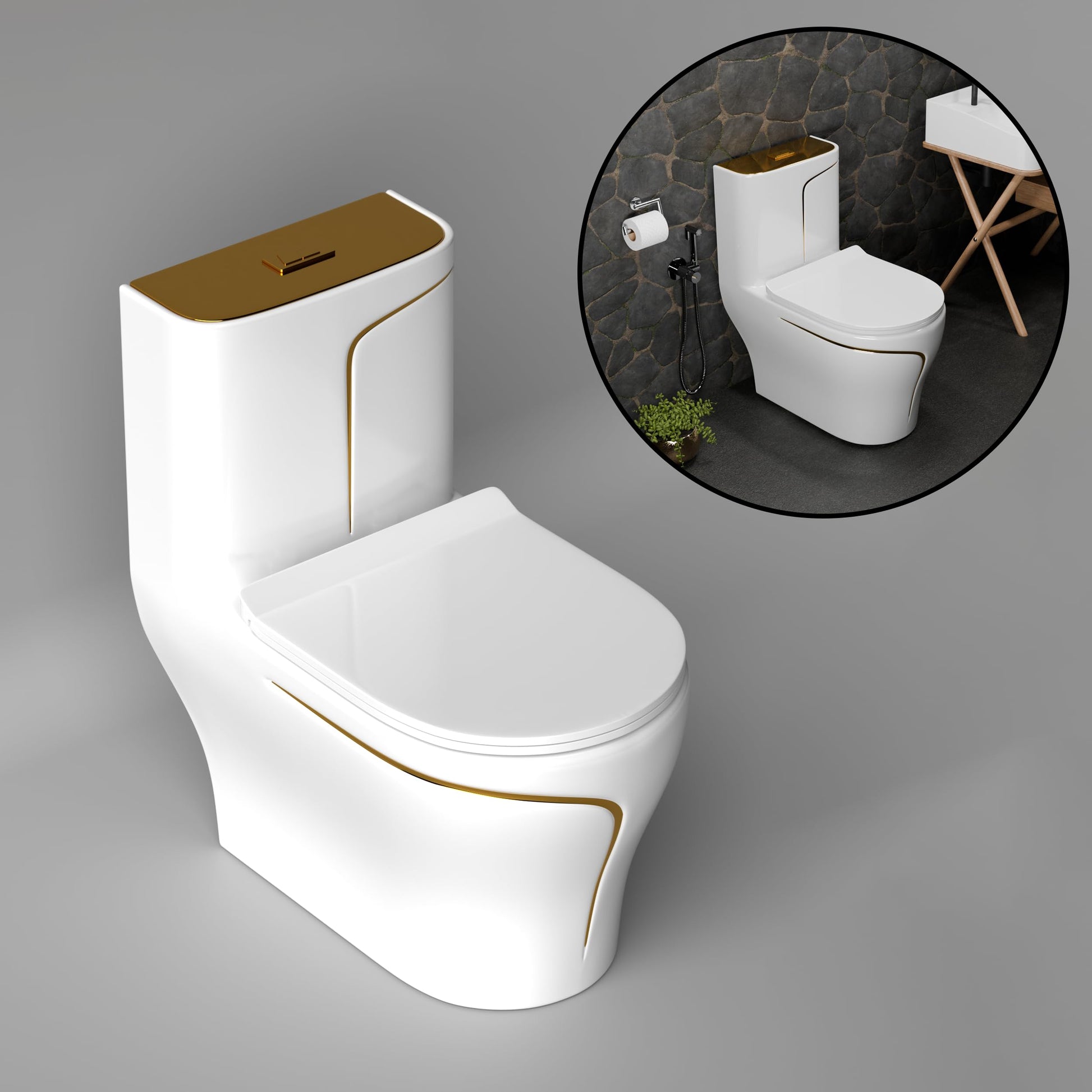 Western toilet full set price option: InArt single piece ceramic elongated floor mounted S-trap WC in white gold