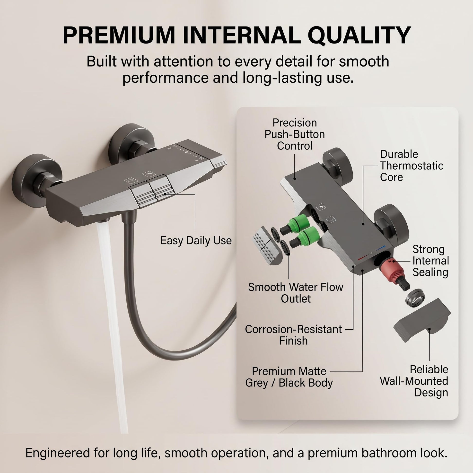 1.5 metre shower hose connected to wall mounted shower mixer outlet
