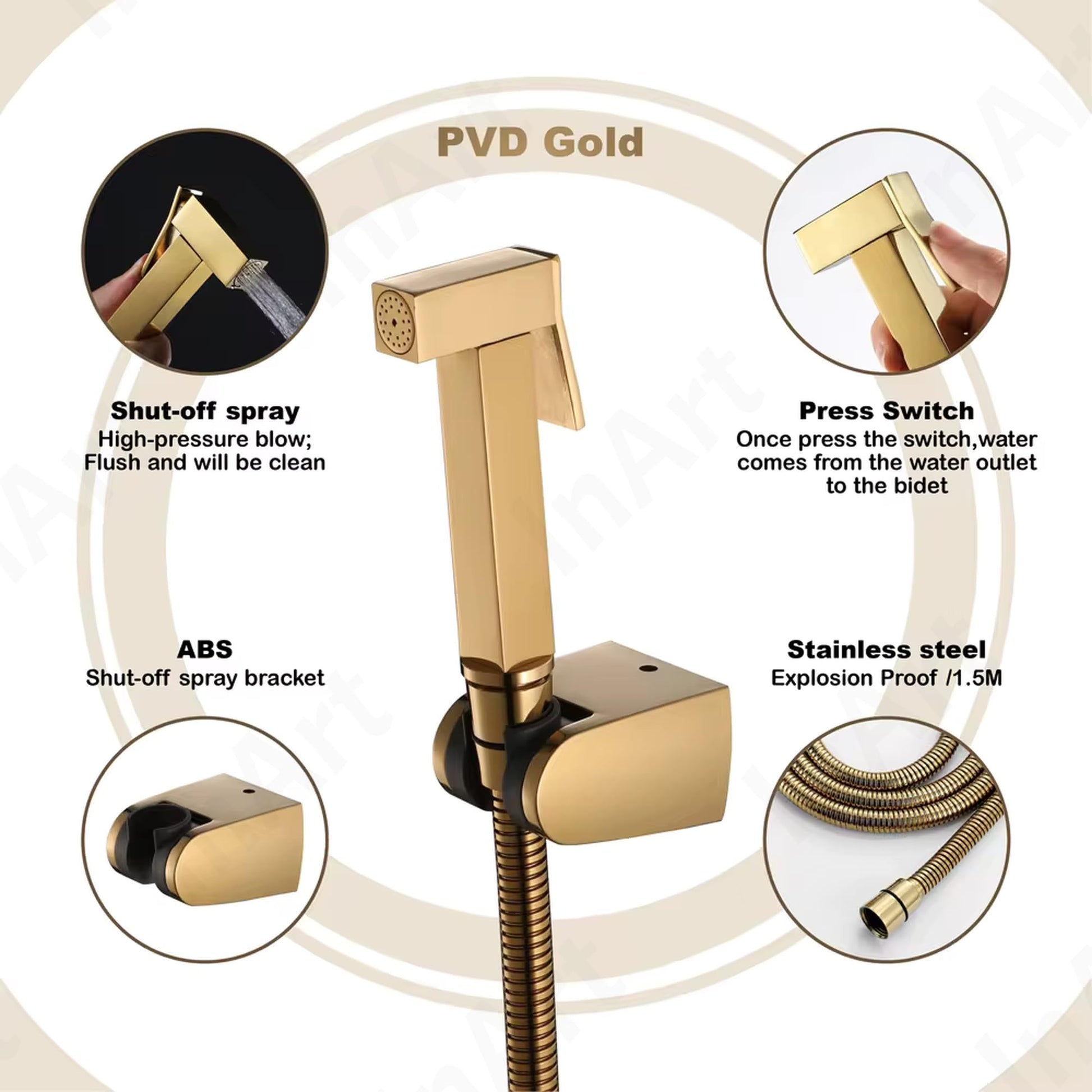 Gold health faucet for bathroom by InArt, side view showing easy grip jet spray and brass build