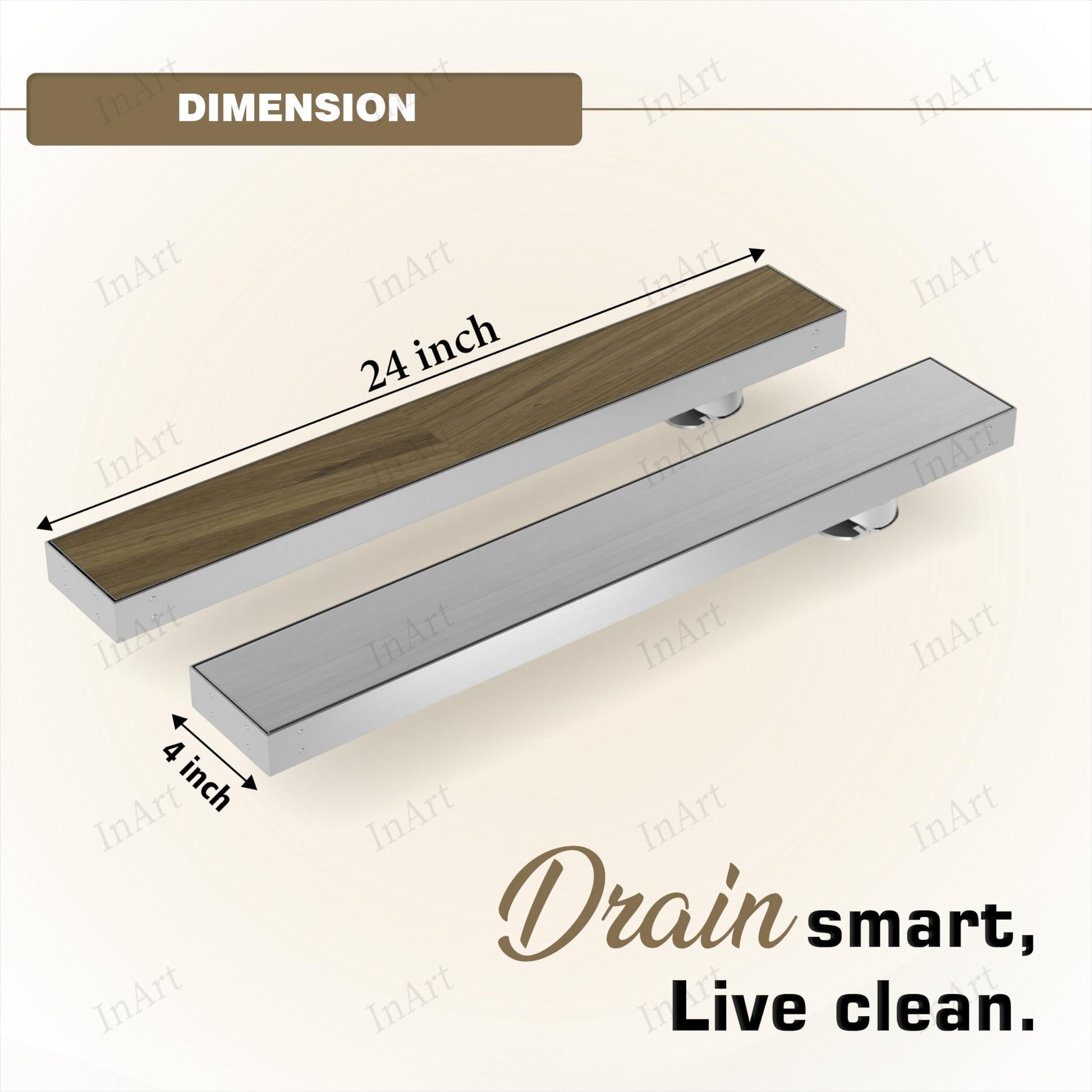Brushed stainless steel tile insert shower drain channel 24x4 inch, angled view of rectangular linear jali