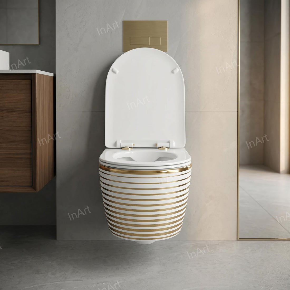 Hindware wall mounted commode style InArt ceramic oval wall hung WC in white and gold, front view