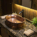 Ceramic table top wash basin in matt copper finish, rectangular counter basin side angle for bathroom table top design