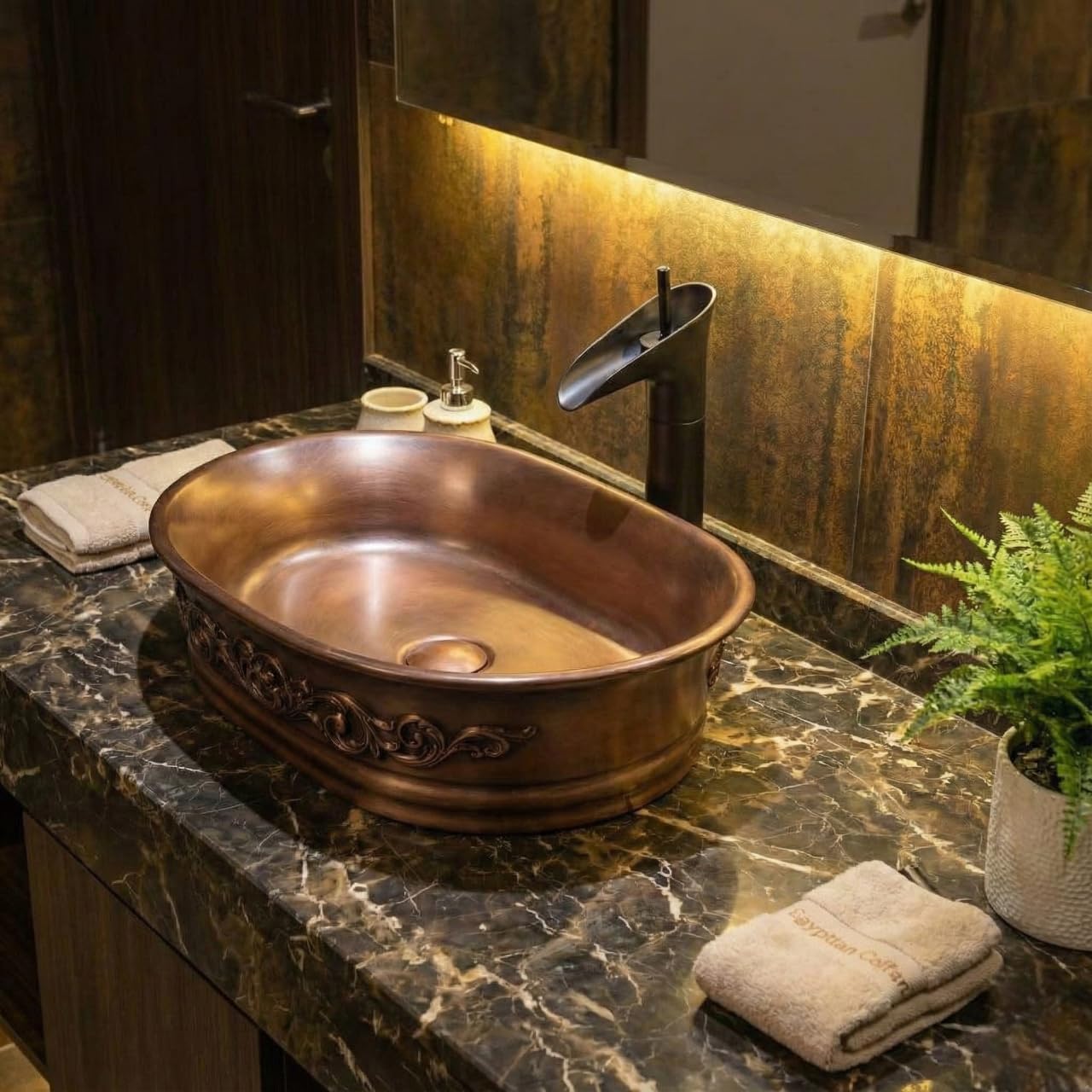 Ceramic table top wash basin in matt copper finish, rectangular counter basin side angle for bathroom table top design
