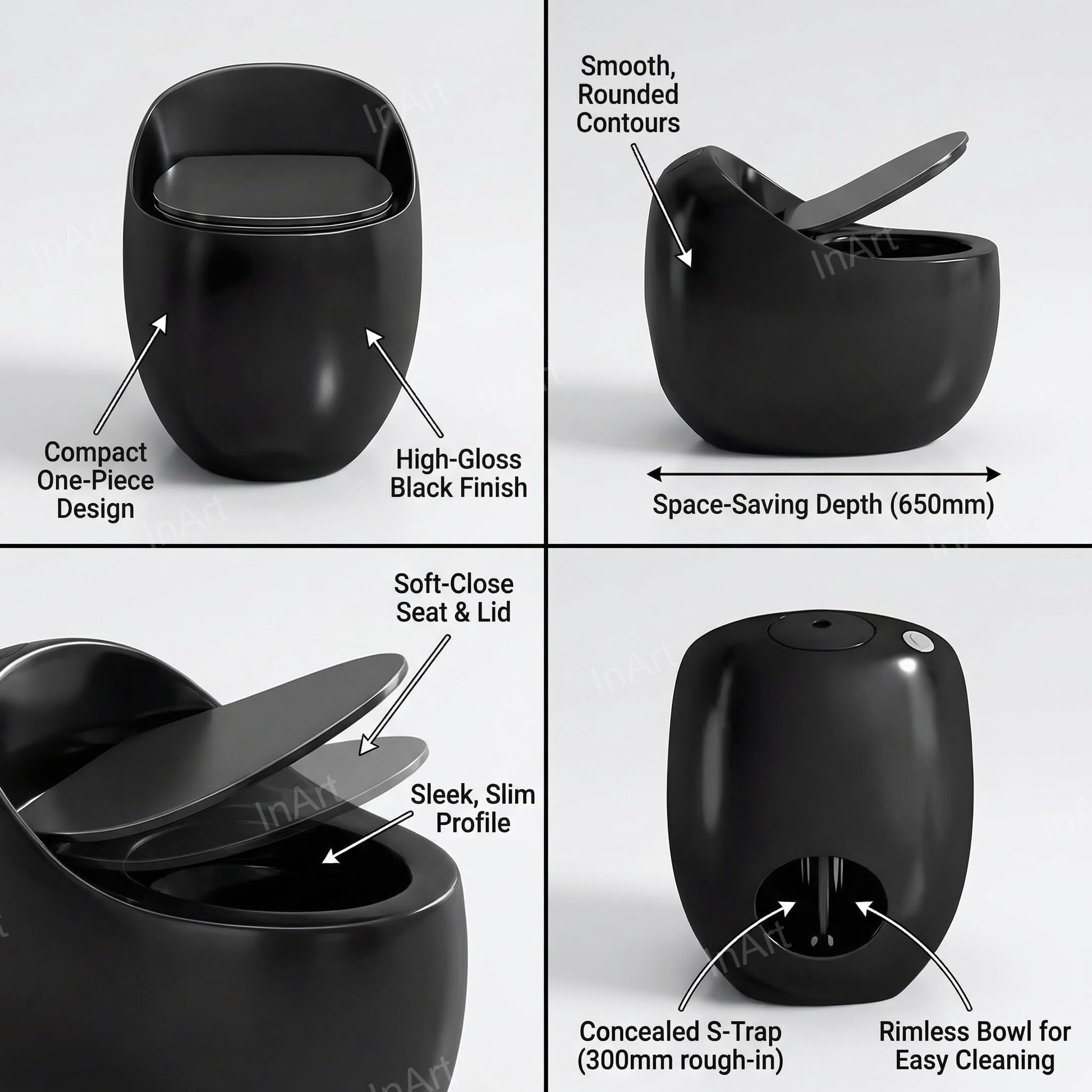 InArt ceramic one piece western toilet, oval rimless commode in glossy black, rear angle view