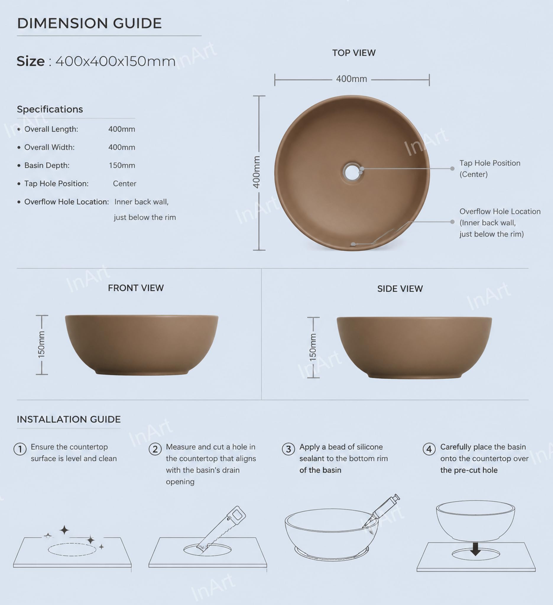InArt countertop wash basin ceramic in matte brown, ideal for hotel bathroom and restaurant wash area