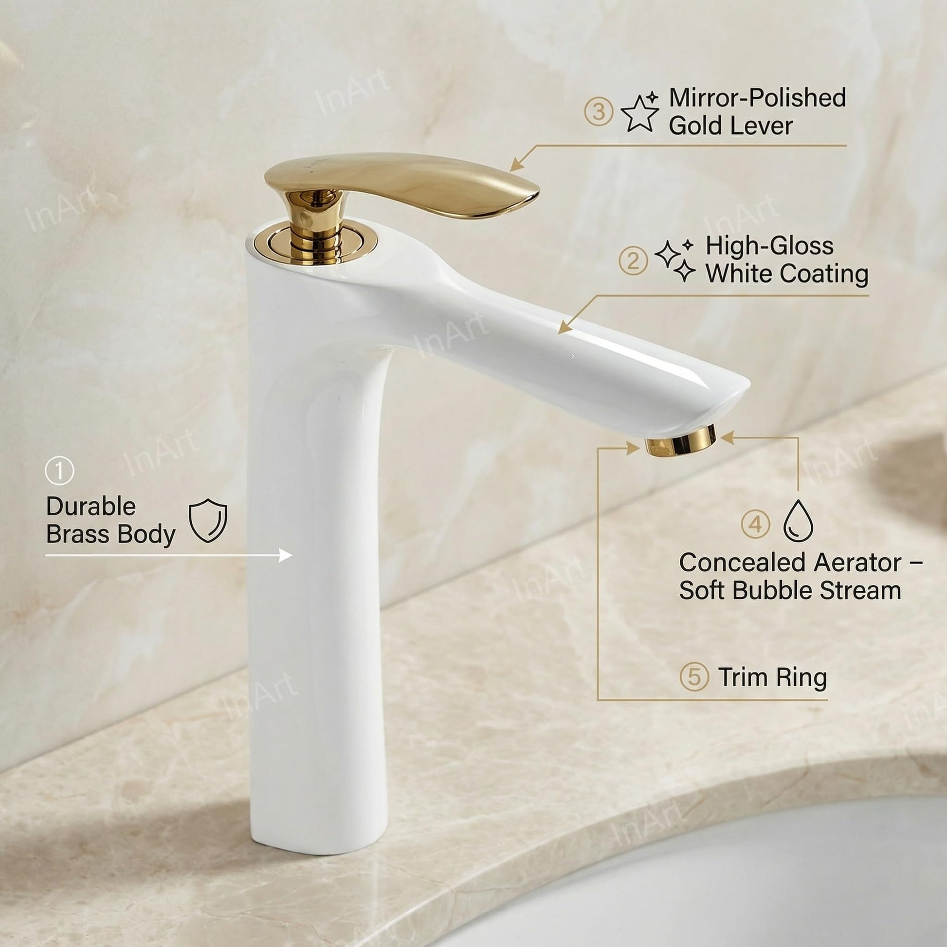 Side angle of brass wash basin mixer single lever tap, white gold finish for hot and cold water control