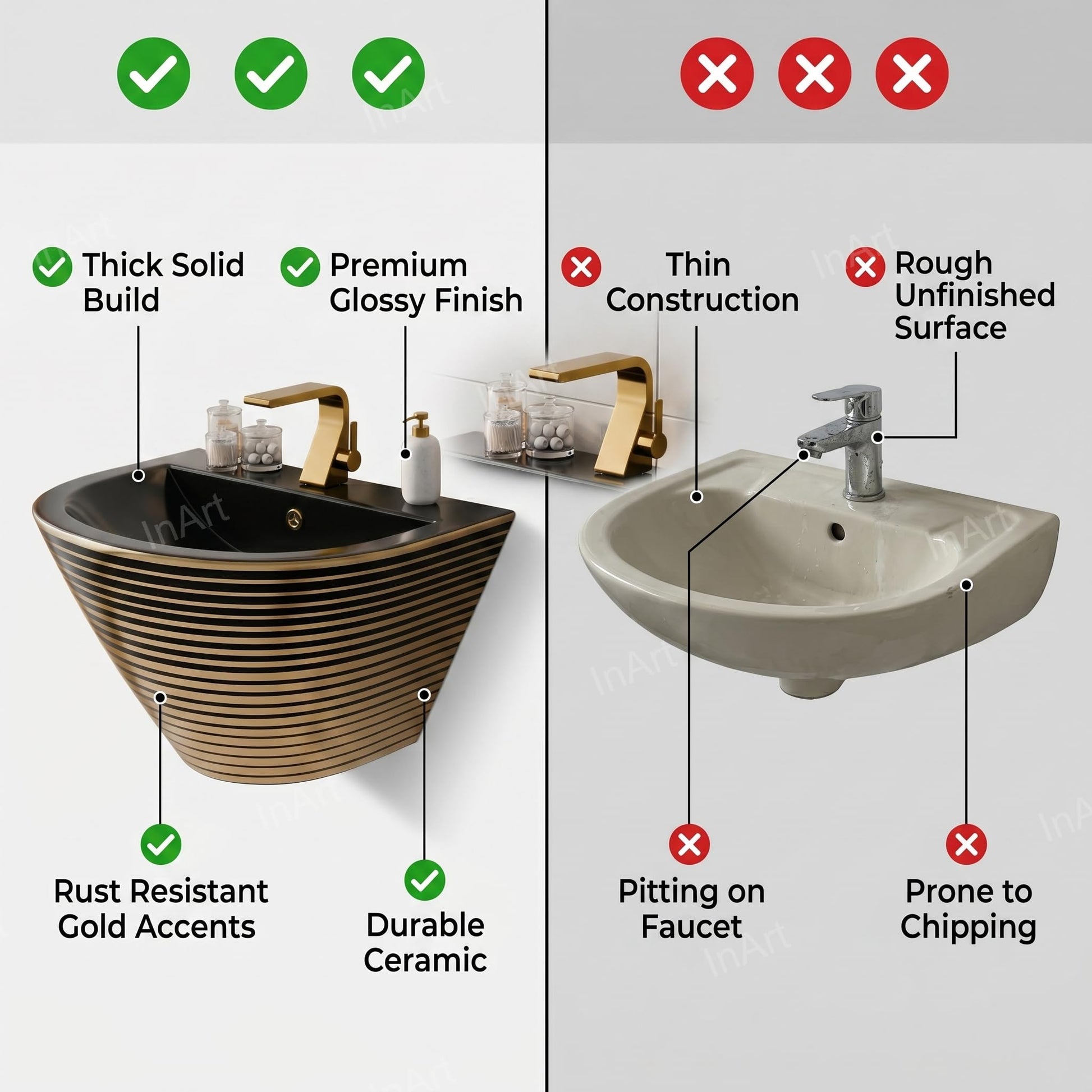 InArt small bathroom floating sink look, wall mount ceramic wash basin in black with gold stripes, lifestyle