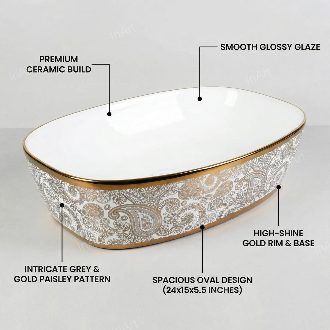 InArt ceramic table top wash basin, oval glossy gold finish, main front view for bathroom counter