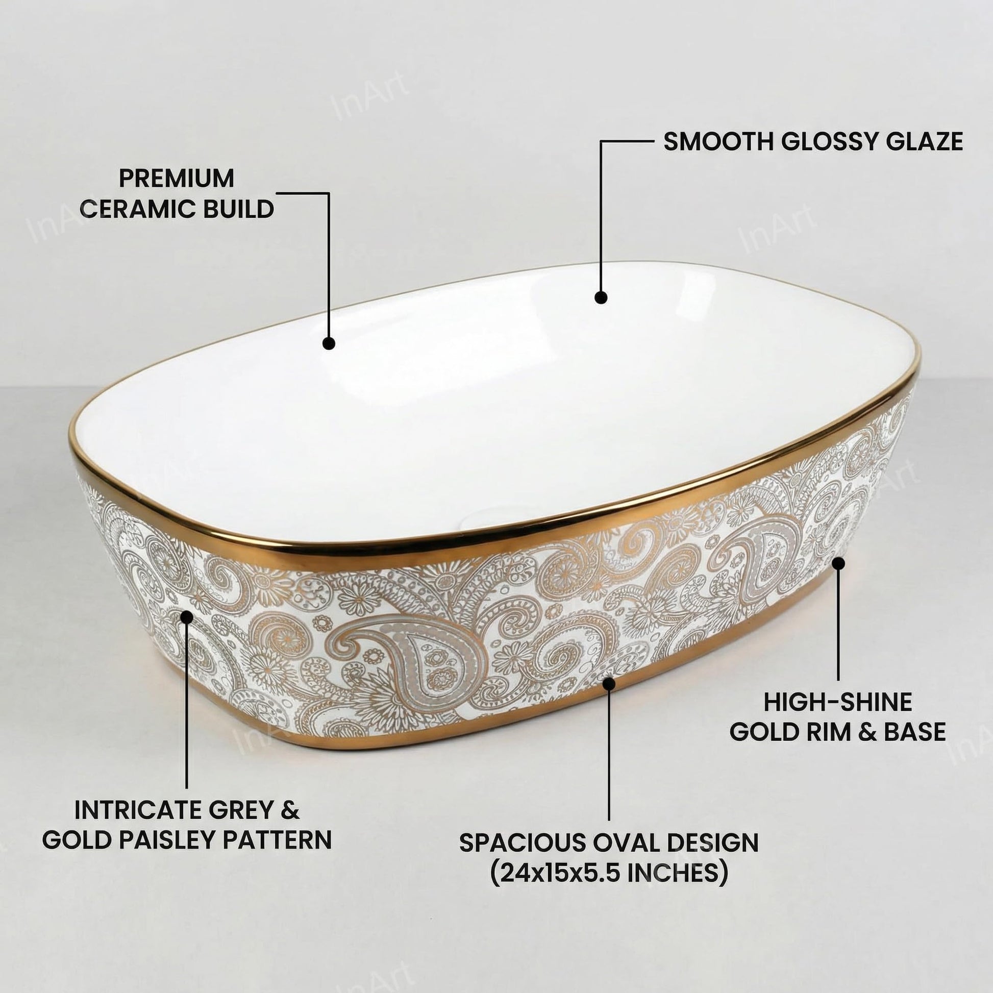 Designer counter top wash basin in glossy gold ceramic, oval shape, angled side view