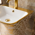 Free standing wash basin with pedestal for small bathrooms, rectangular single piece ceramic in gold white