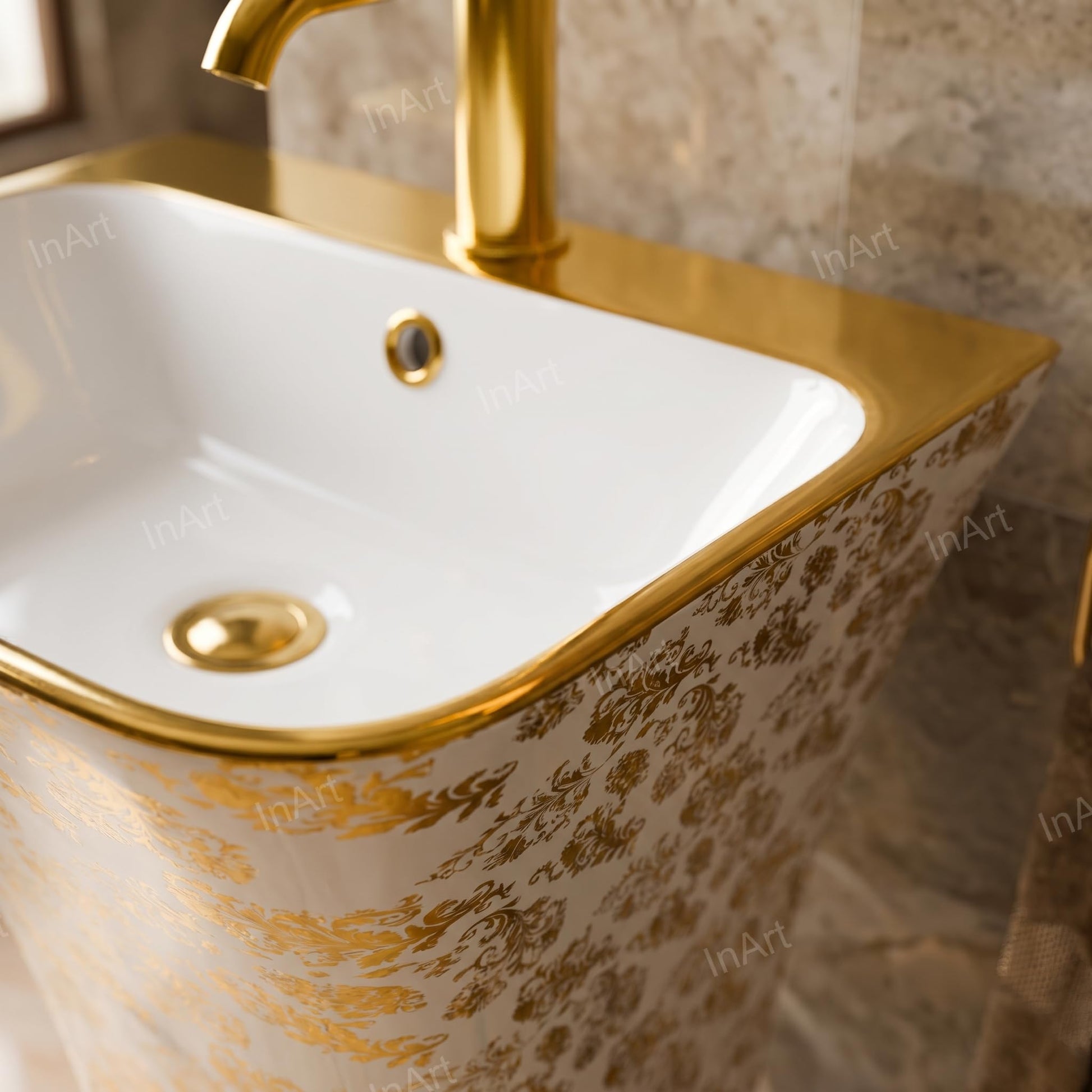 Free standing wash basin with pedestal for small bathrooms, rectangular single piece ceramic in gold white