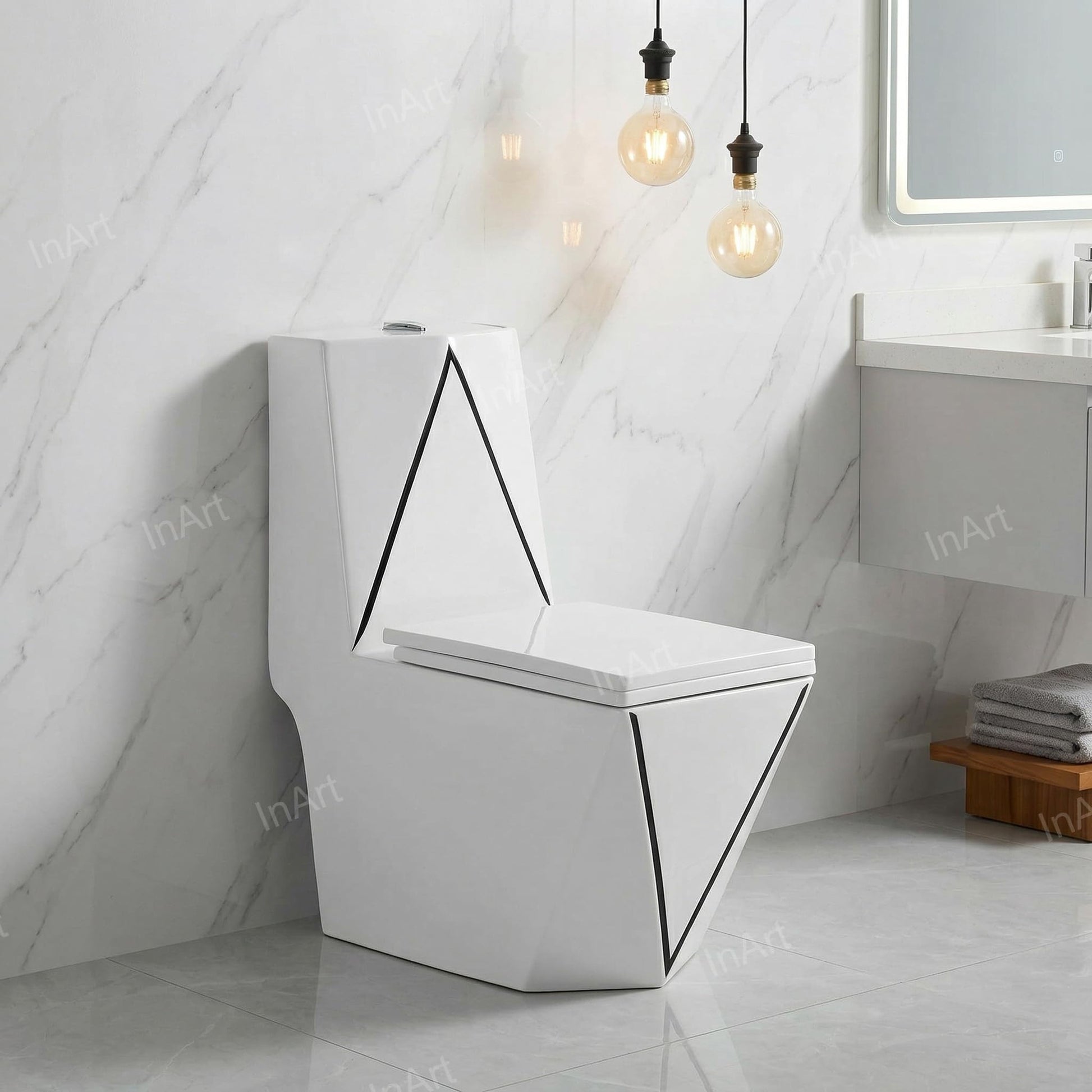 Ceramic floor mounted western toilet with S trap outlet from floor, modern black white bathroom commode