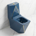 Single piece western commode floor mounted S trap, glossy blue one piece ceramic toilet, side angle view
