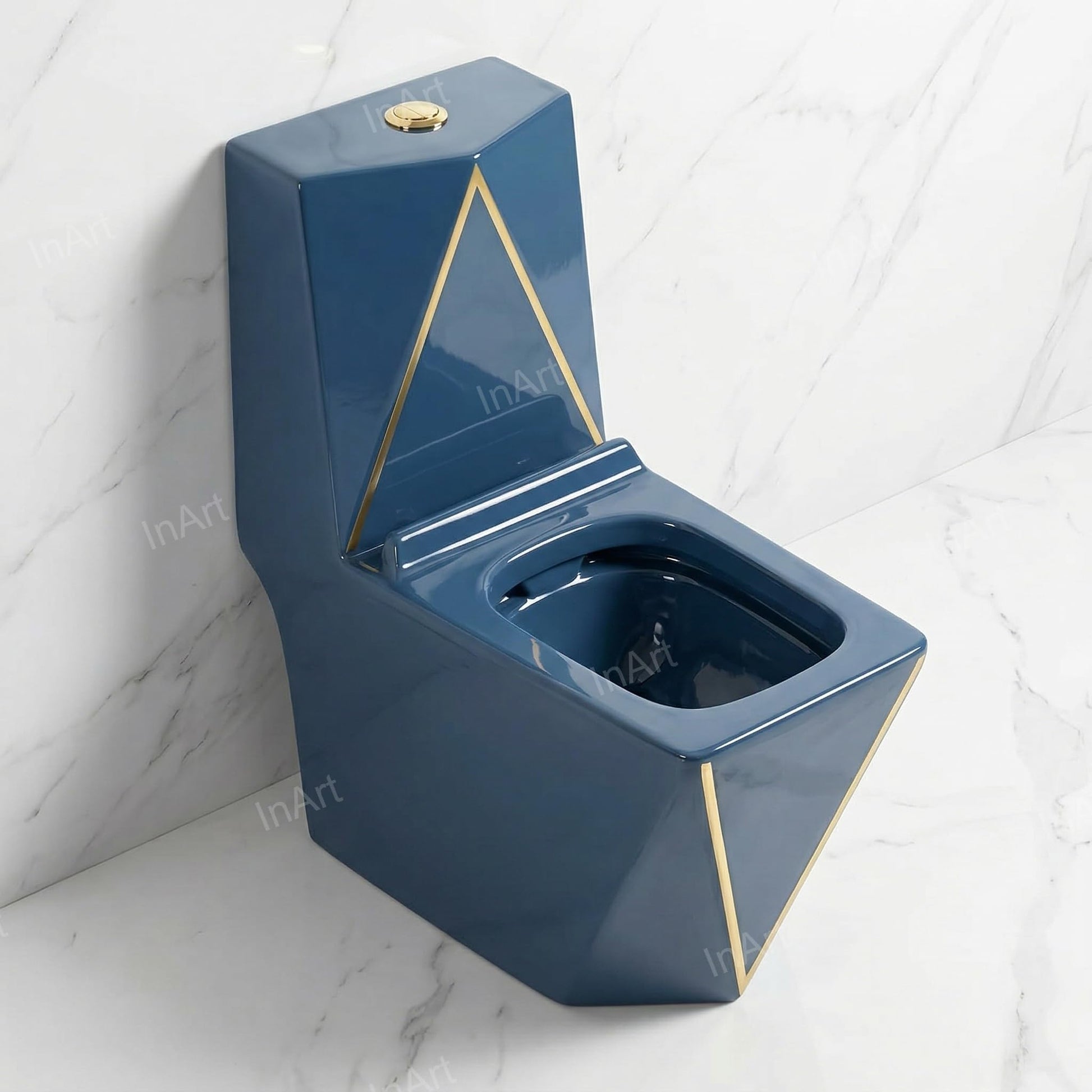 Single piece western commode floor mounted S trap, glossy blue one piece ceramic toilet, side angle view