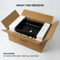 Basin table top design in matte black marble finish, ceramic wash basin on table for bathroom decor