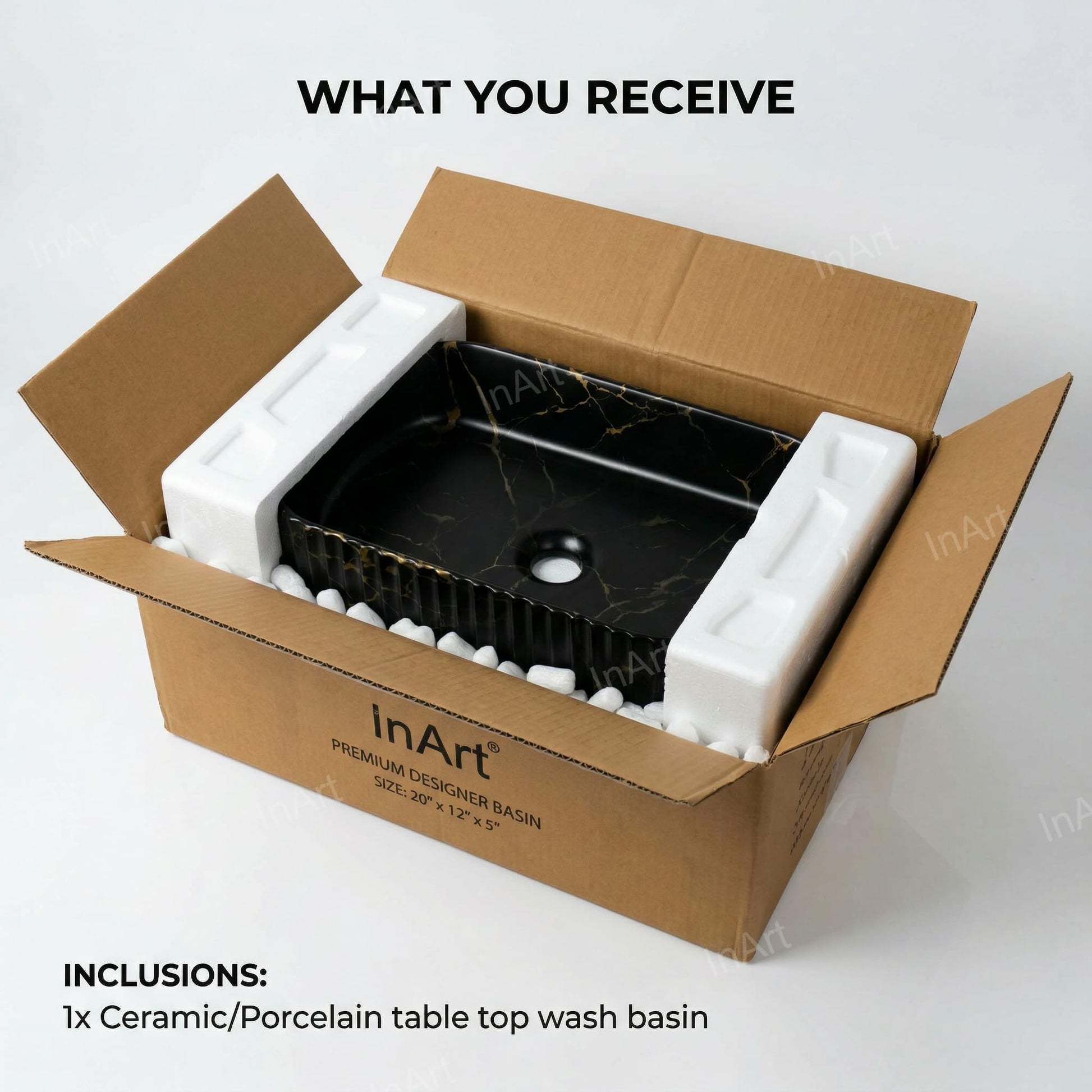 Basin table top design in matte black marble finish, ceramic wash basin on table for bathroom decor