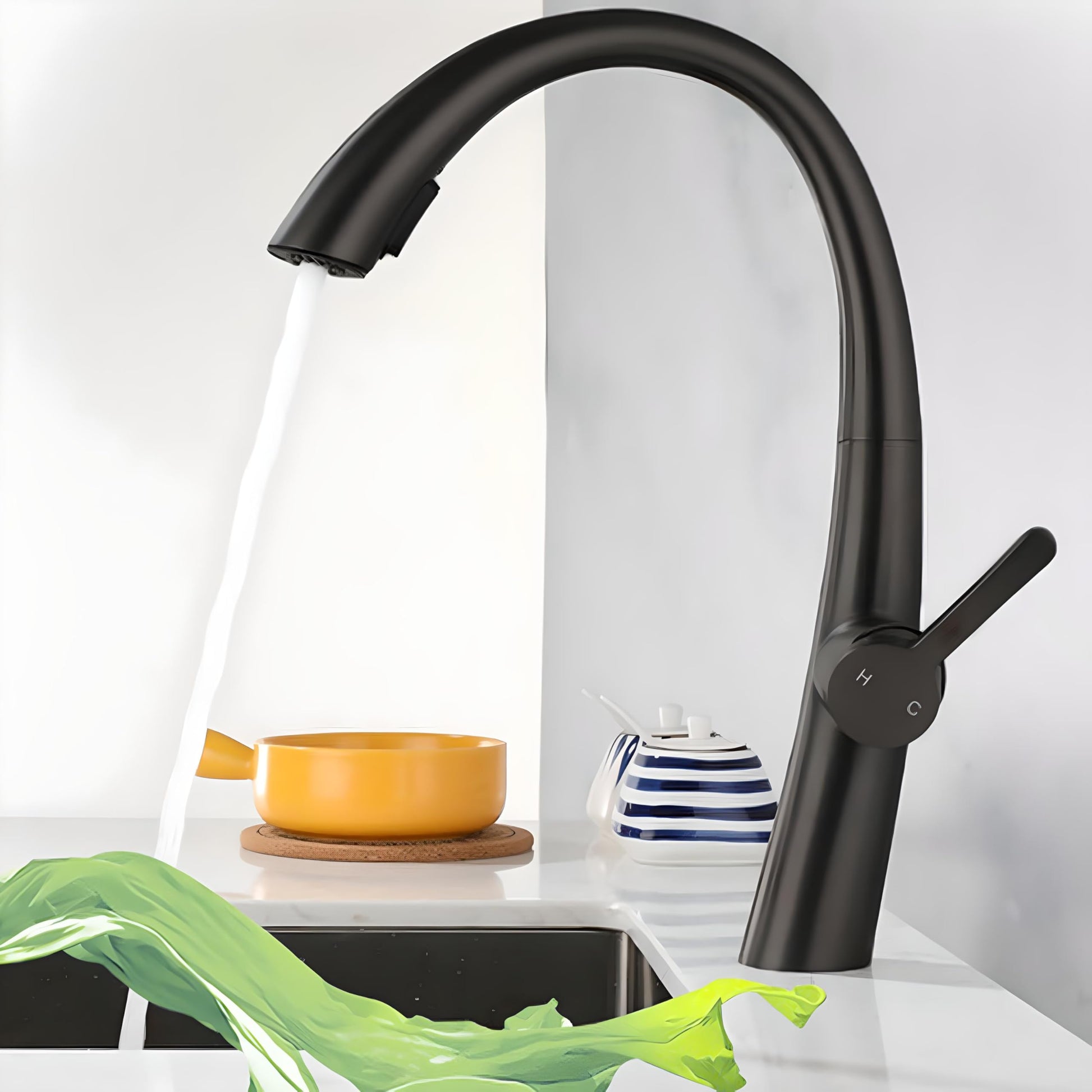 InArt sprayer kitchen faucet in matte black brass, high arc pull out tap with 360 degree swivel spout