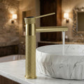 Water fall basin tap waterfall spout detail in brushed gold, premium brass basin mixer for bathroom