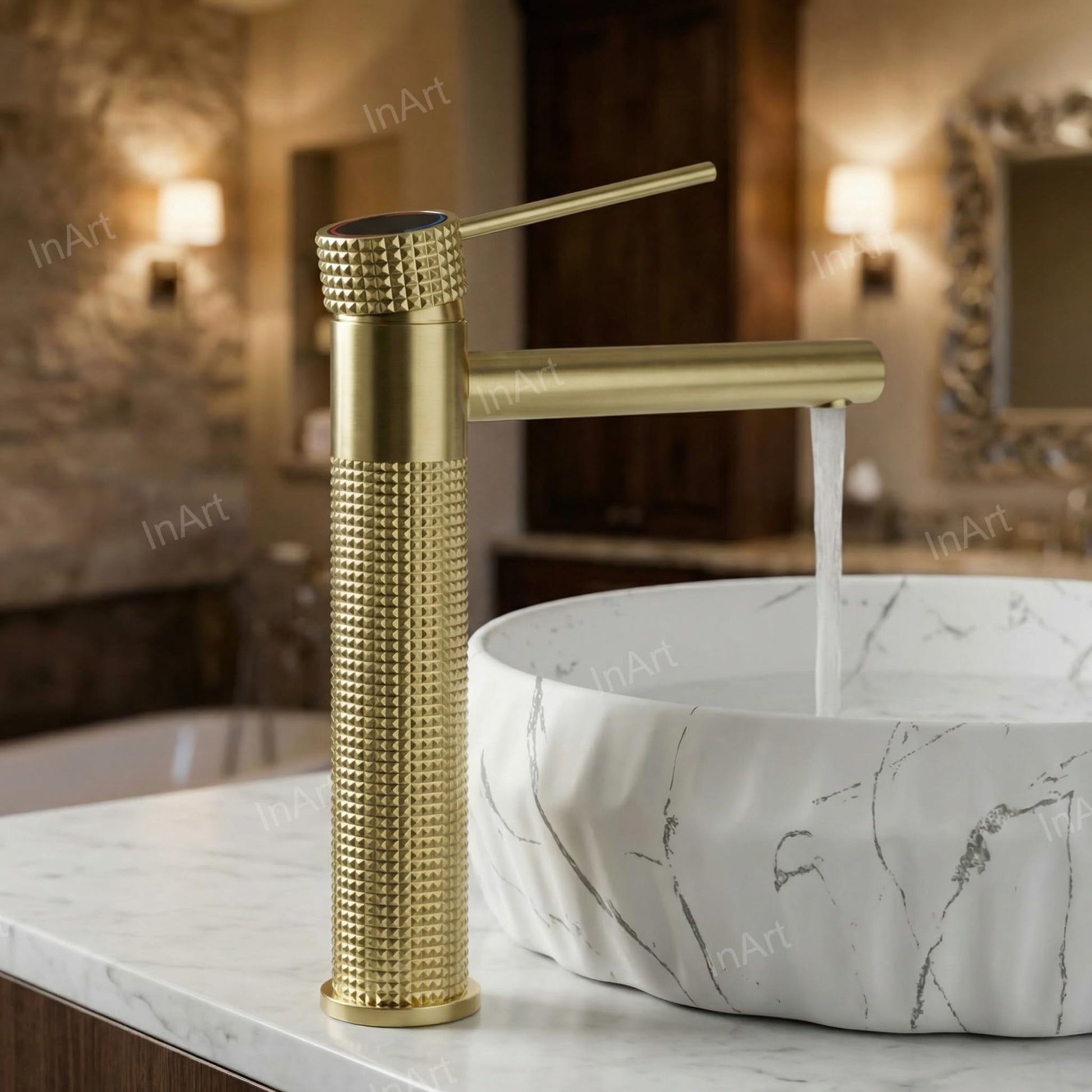 Water fall basin tap waterfall spout detail in brushed gold, premium brass basin mixer for bathroom