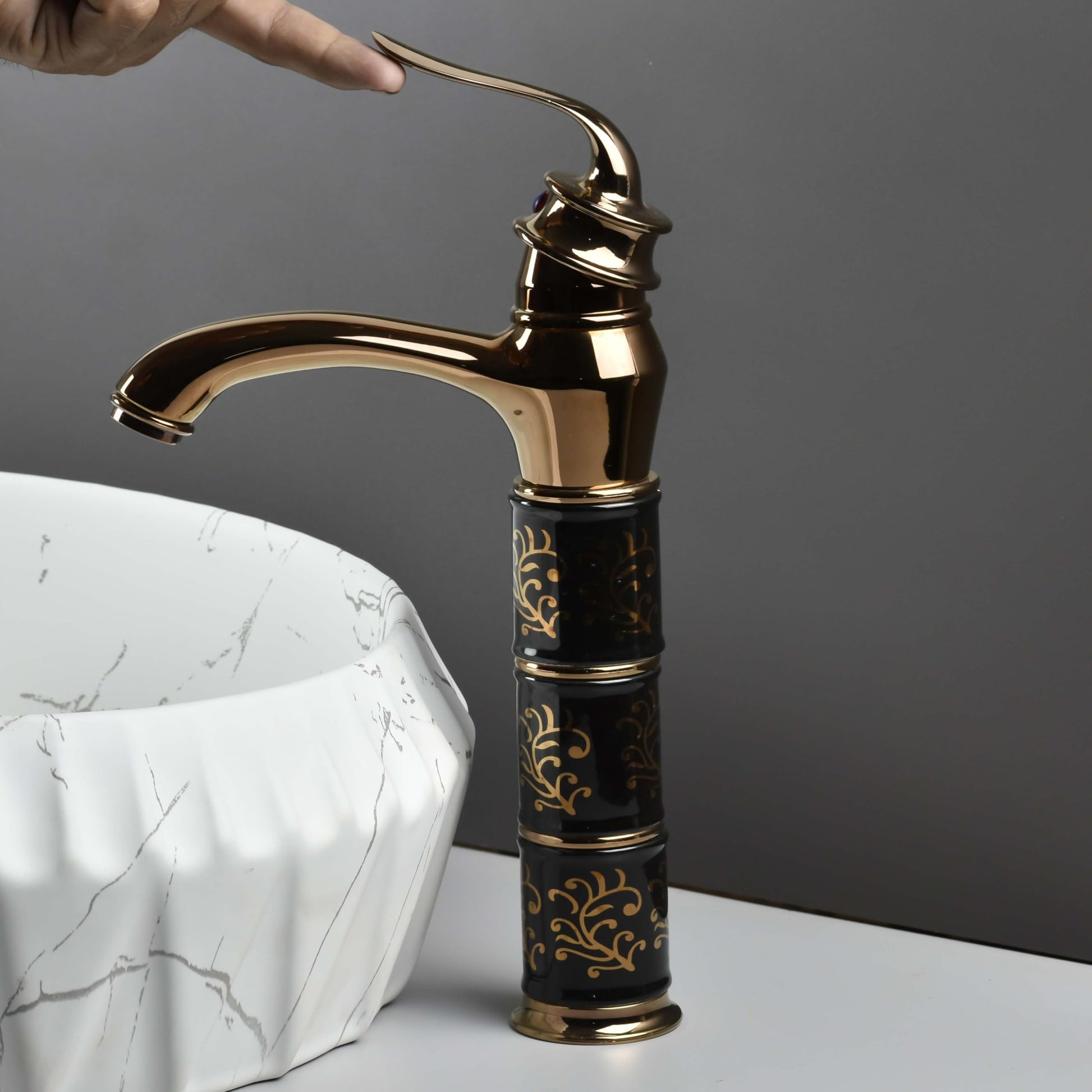 InArt single lever basin mixer tap in zinc alloy with waterfall spout, black rose gold finish, 12 inch
