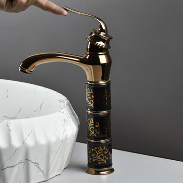 InArt single lever basin mixer tap in zinc alloy with waterfall spout, black rose gold finish, 12 inch