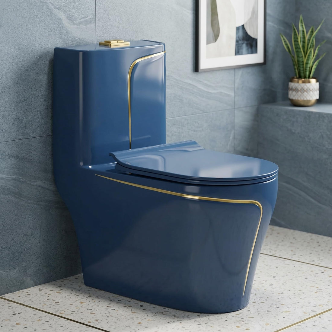InArt ceramic one piece western toilet in blue, oval floor mounted commode with S-trap outlet, front view