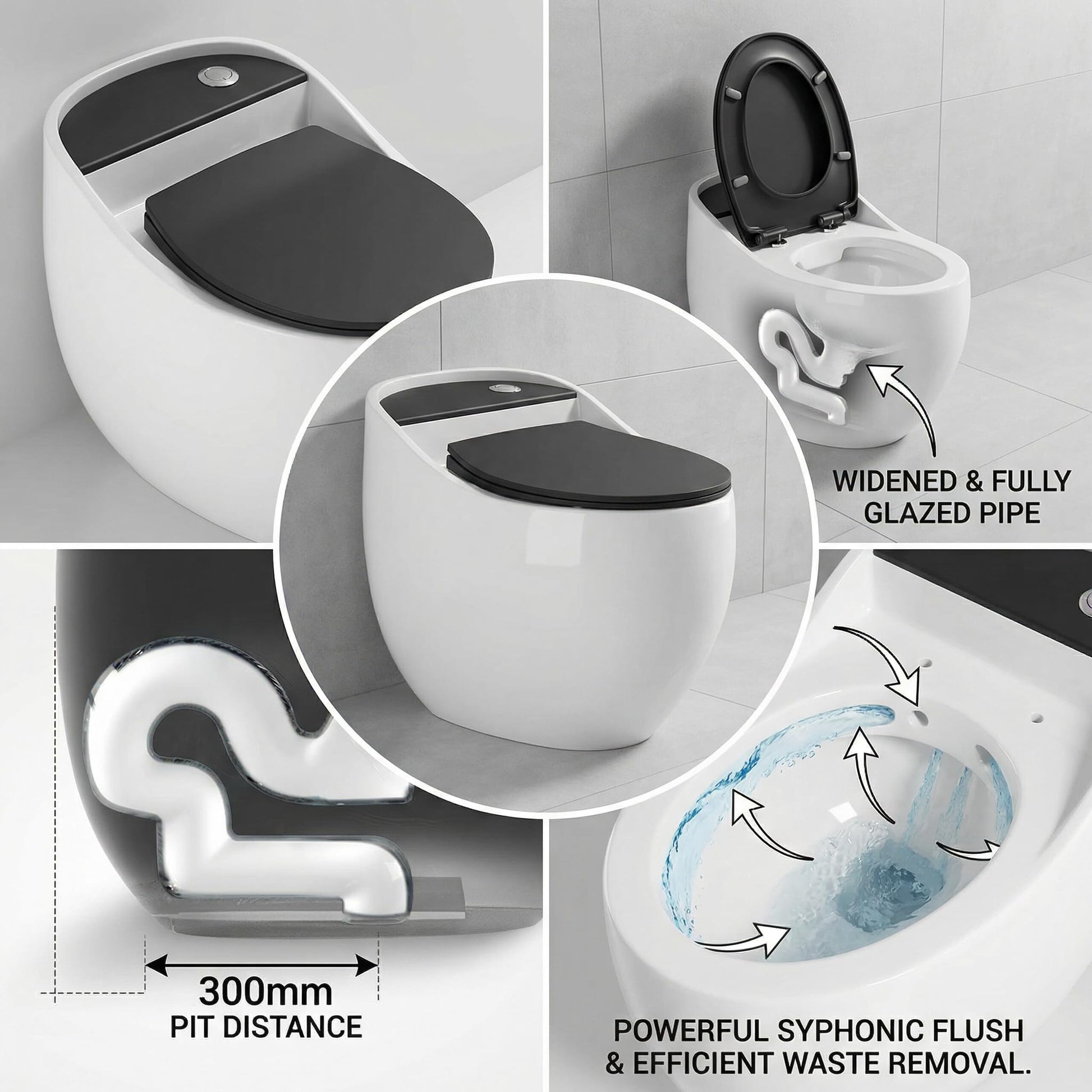 Western commode single piece with soft close seat, rear angle view of glossy oval one piece toilet in white and black