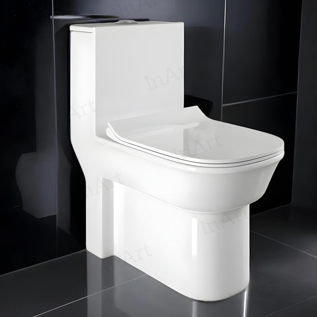 Single piece western toilet by InArt in glossy white ceramic, elongated oval floor mounted EWC front view
