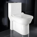 Single piece western toilet by InArt in glossy white ceramic, elongated oval floor mounted EWC front view