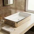 Table top wash basin with cabinet pairing idea, glossy gold ceramic rectangular basin for Indian bathrooms