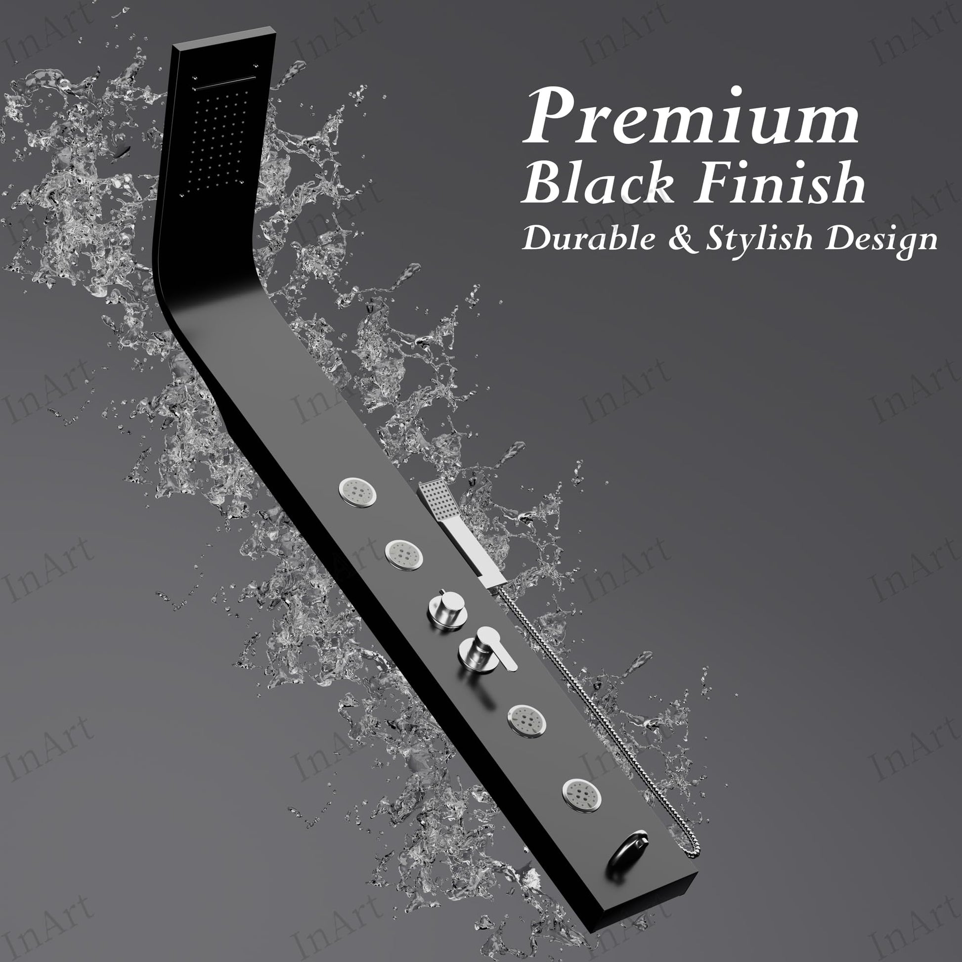 Detail of rainfall shower head on InArt black shower panel, mirror black finish on 304 stainless steel