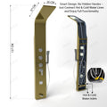 Rectangular stainless steel shower panel set in gold finish, detail of tub spout and water outlet