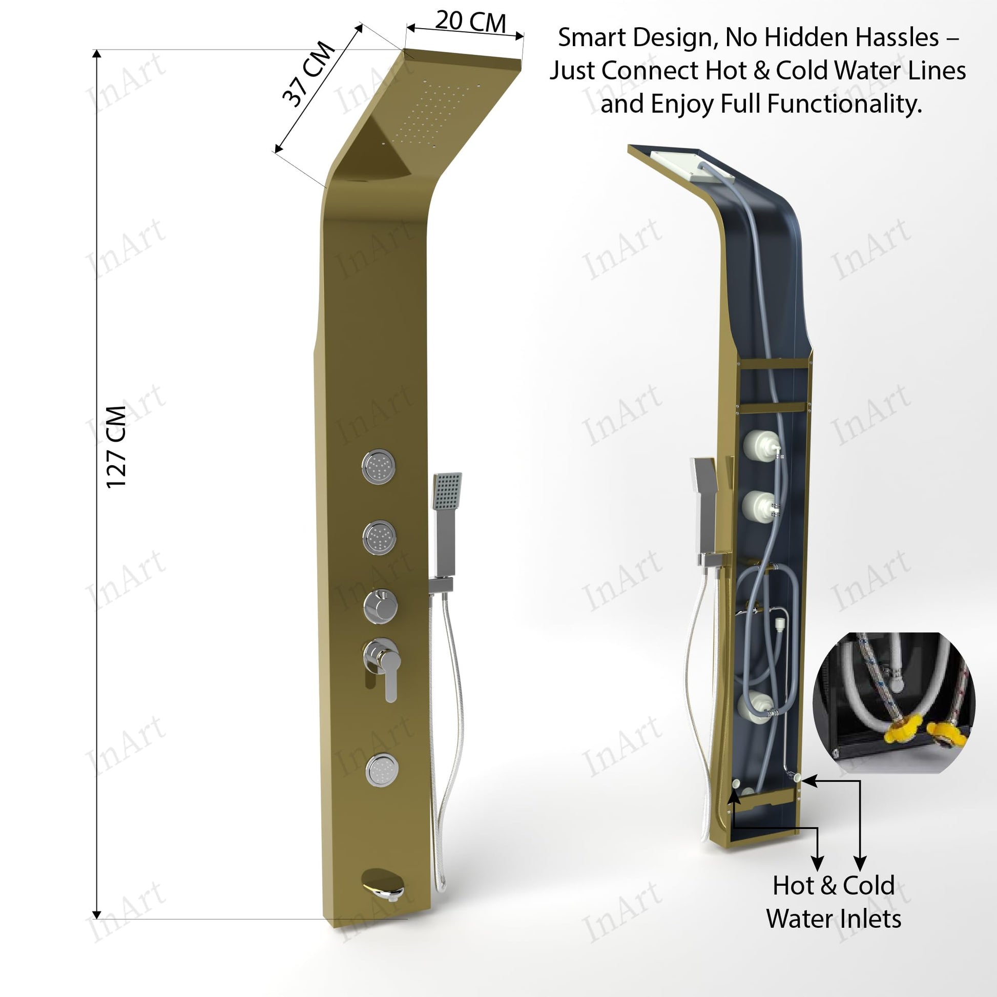 Rectangular stainless steel shower panel set in gold finish, detail of tub spout and water outlet