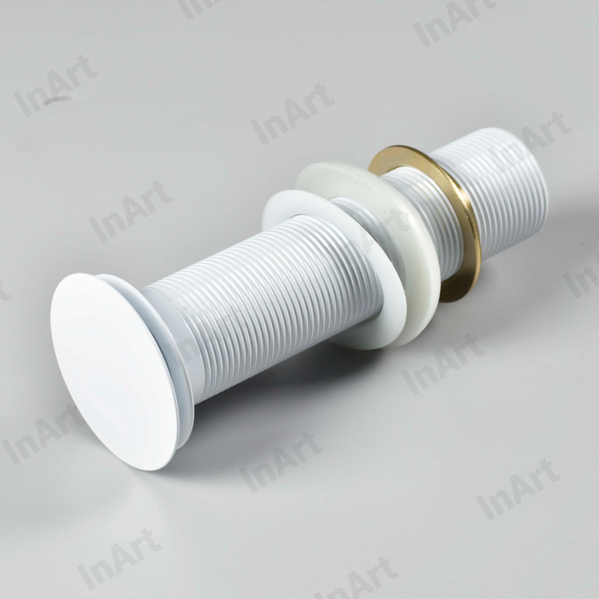 InArt 32mm basin waste with plug, full threaded brass pop up coupling in white glossy, side view