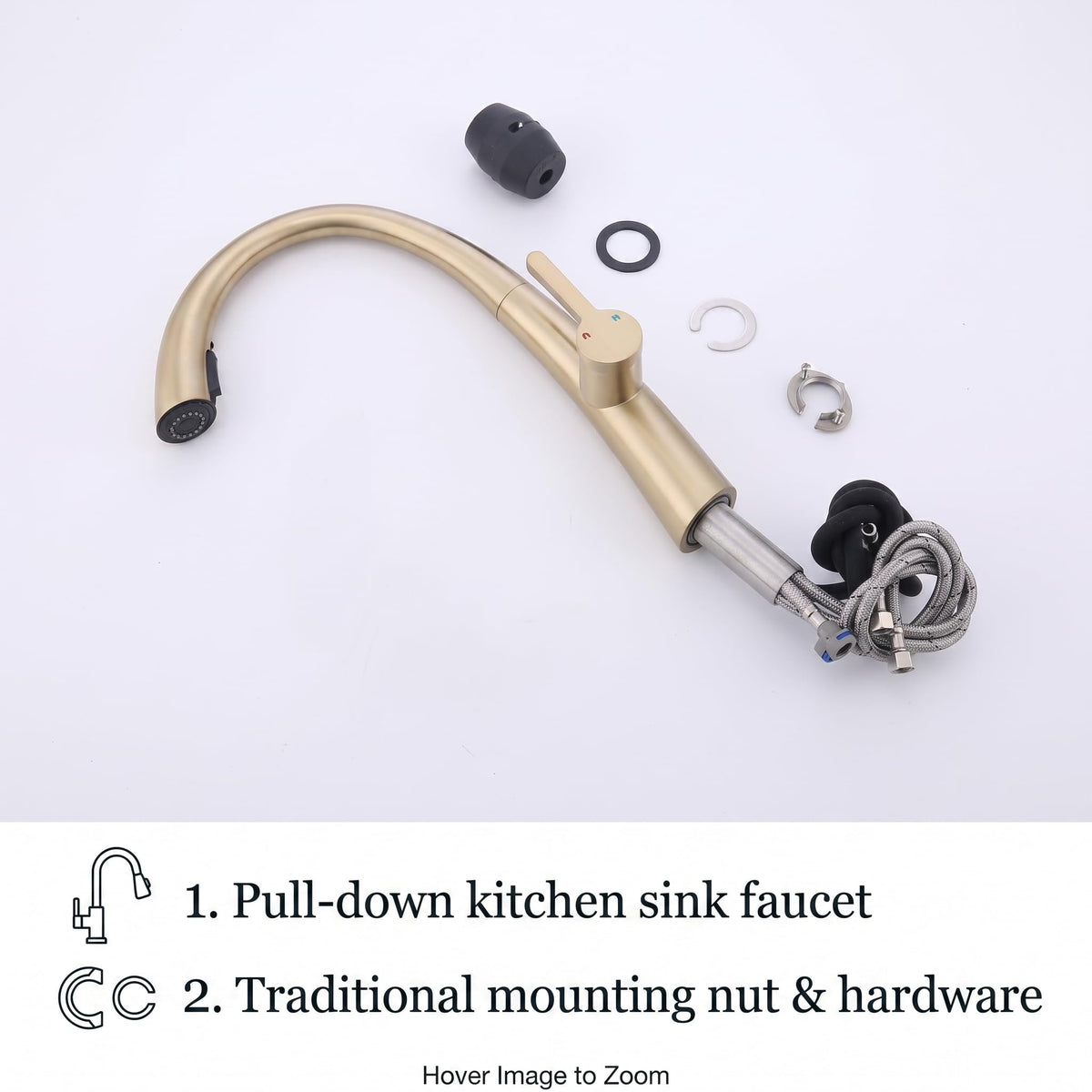 Single lever hot and cold kitchen mixer tap in brushed gold colour