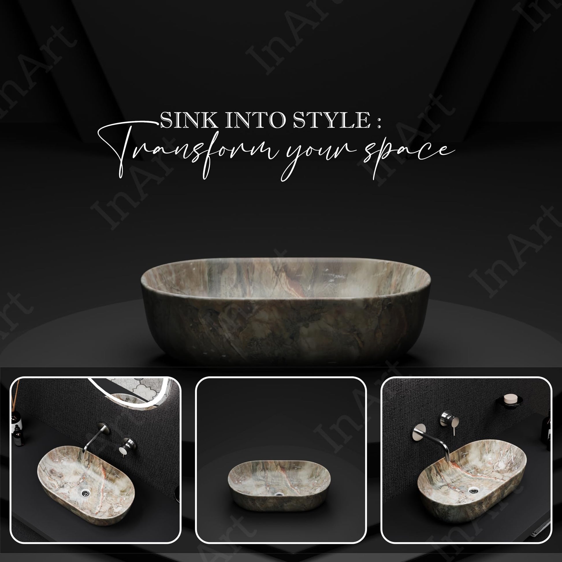 Top counter wash basin with tap hole area detail, InArt ceramic rectangular wash basin in green marble finish