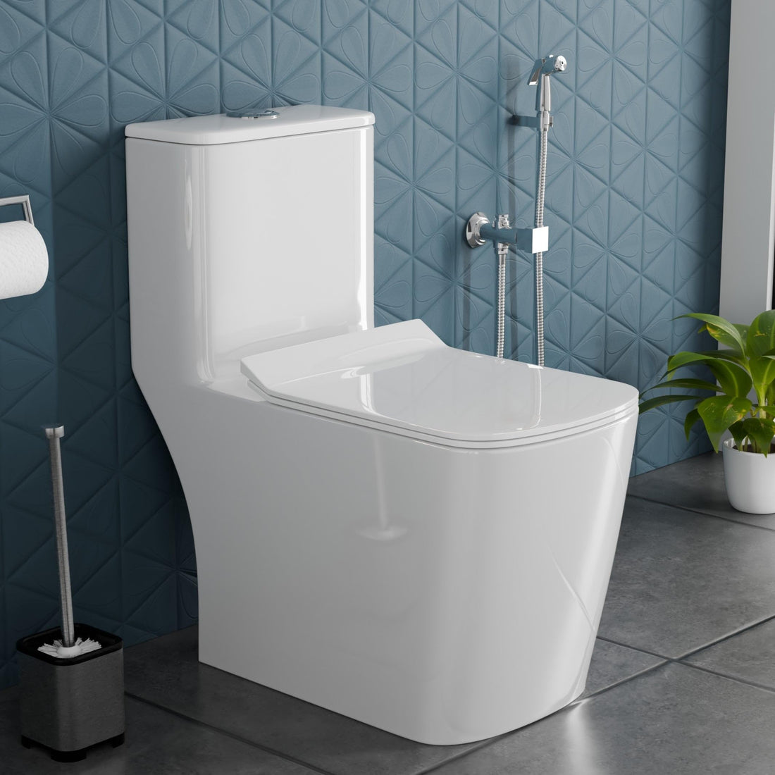 InArt single piece western toilet in glossy white ceramic, square rimless one piece commode front view