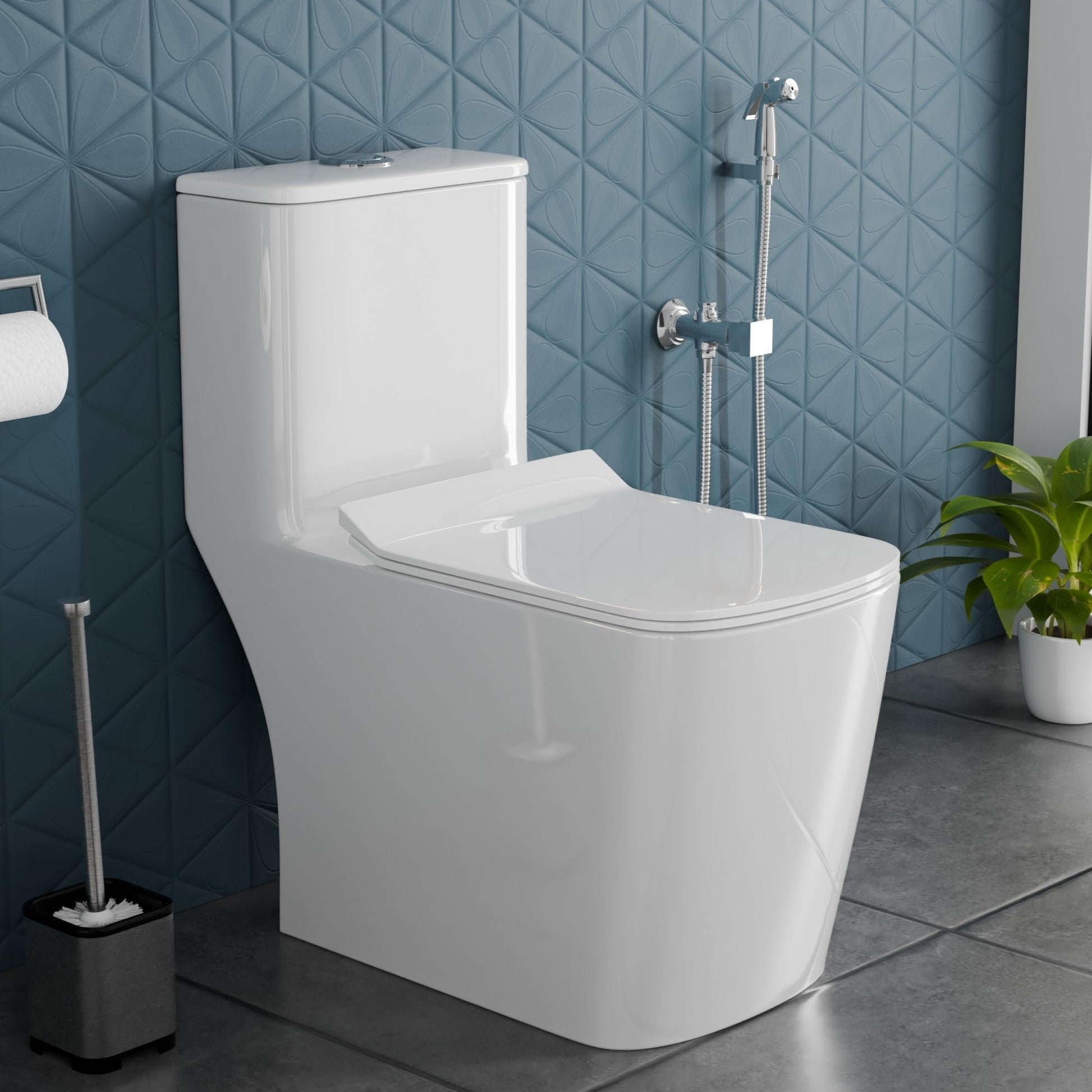 InArt single piece western toilet in glossy white ceramic, square rimless one piece commode front view