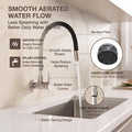 Front view of brushed finish wall kitchen tap with matte black spout for modern kitchens