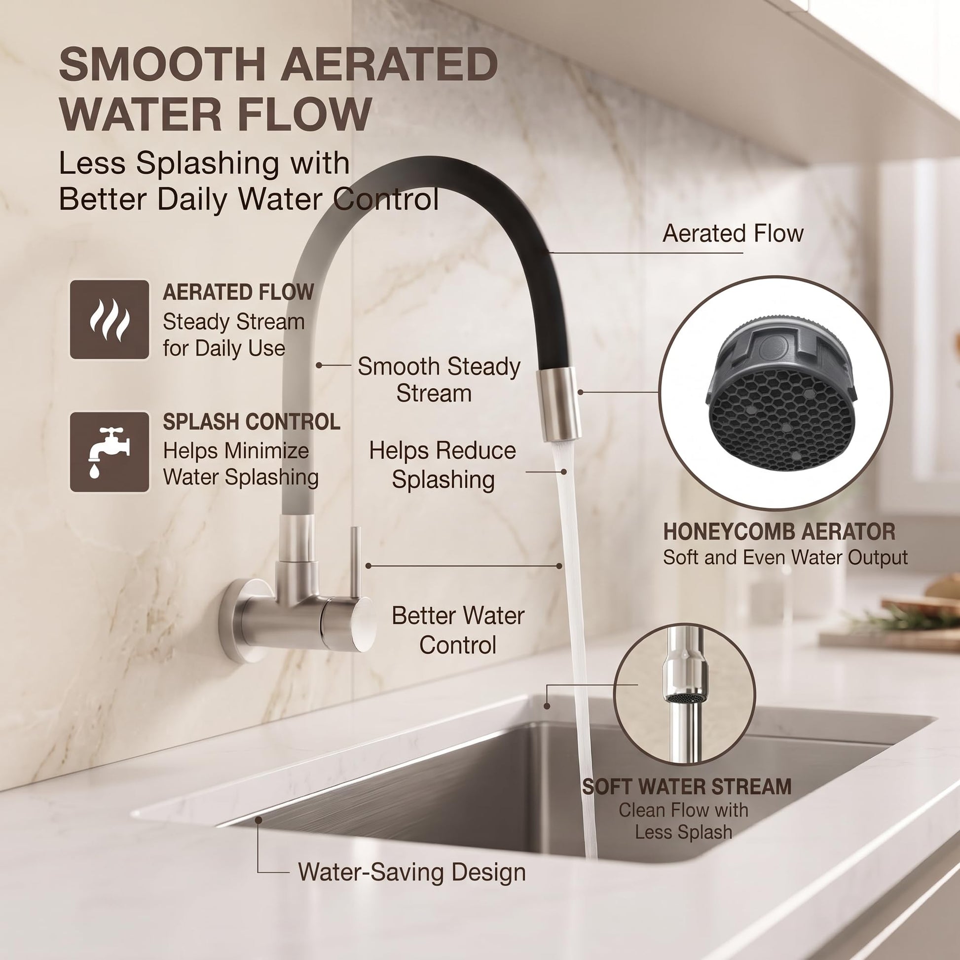 Front view of brushed finish wall kitchen tap with matte black spout for modern kitchens