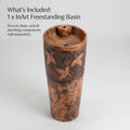 InArt round pedestal wash basin in bathroom interior, modern designer pedestal sink with wooden matte finish