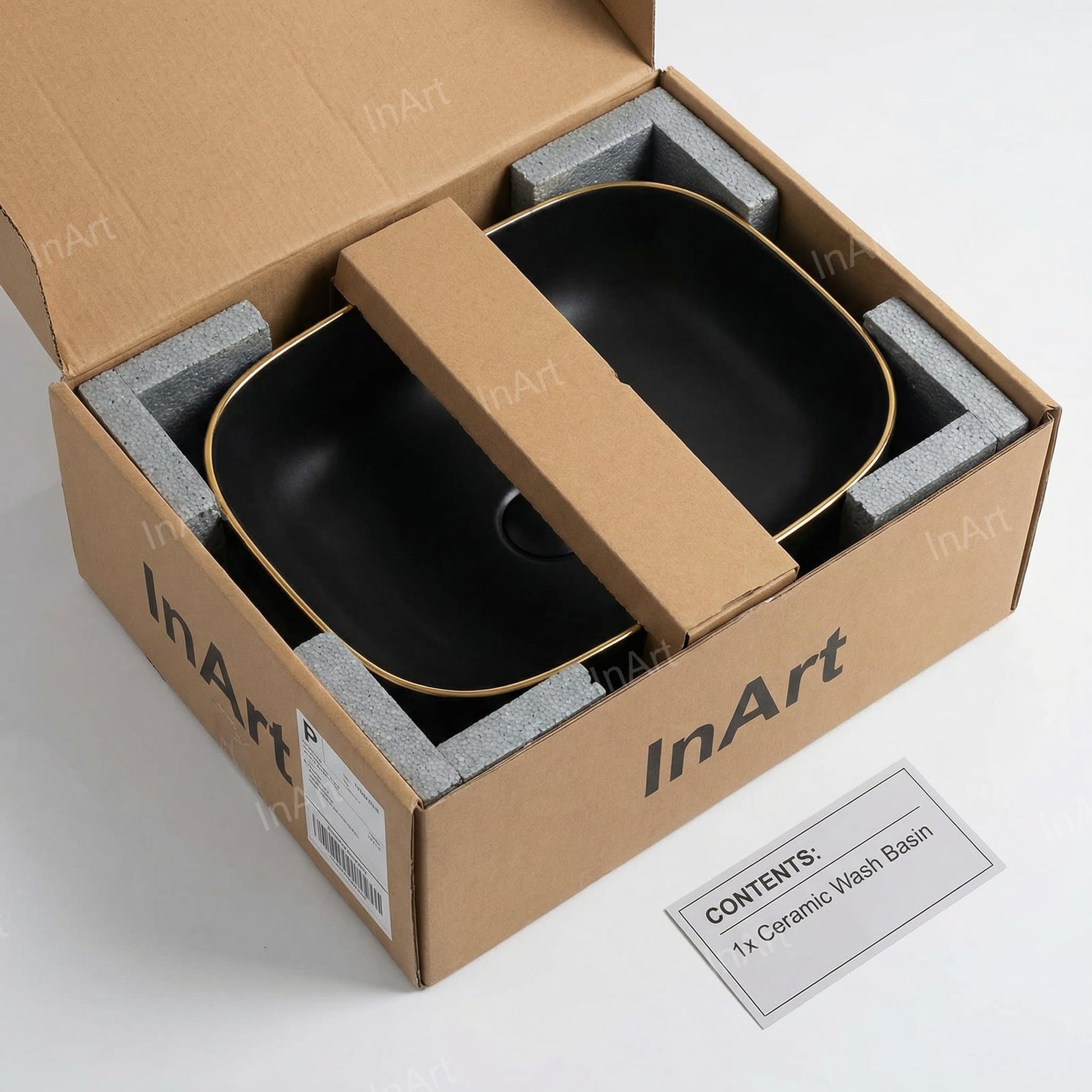 InArt designer table top wash basin, matte black rectangular ceramic basin for modern washroom
