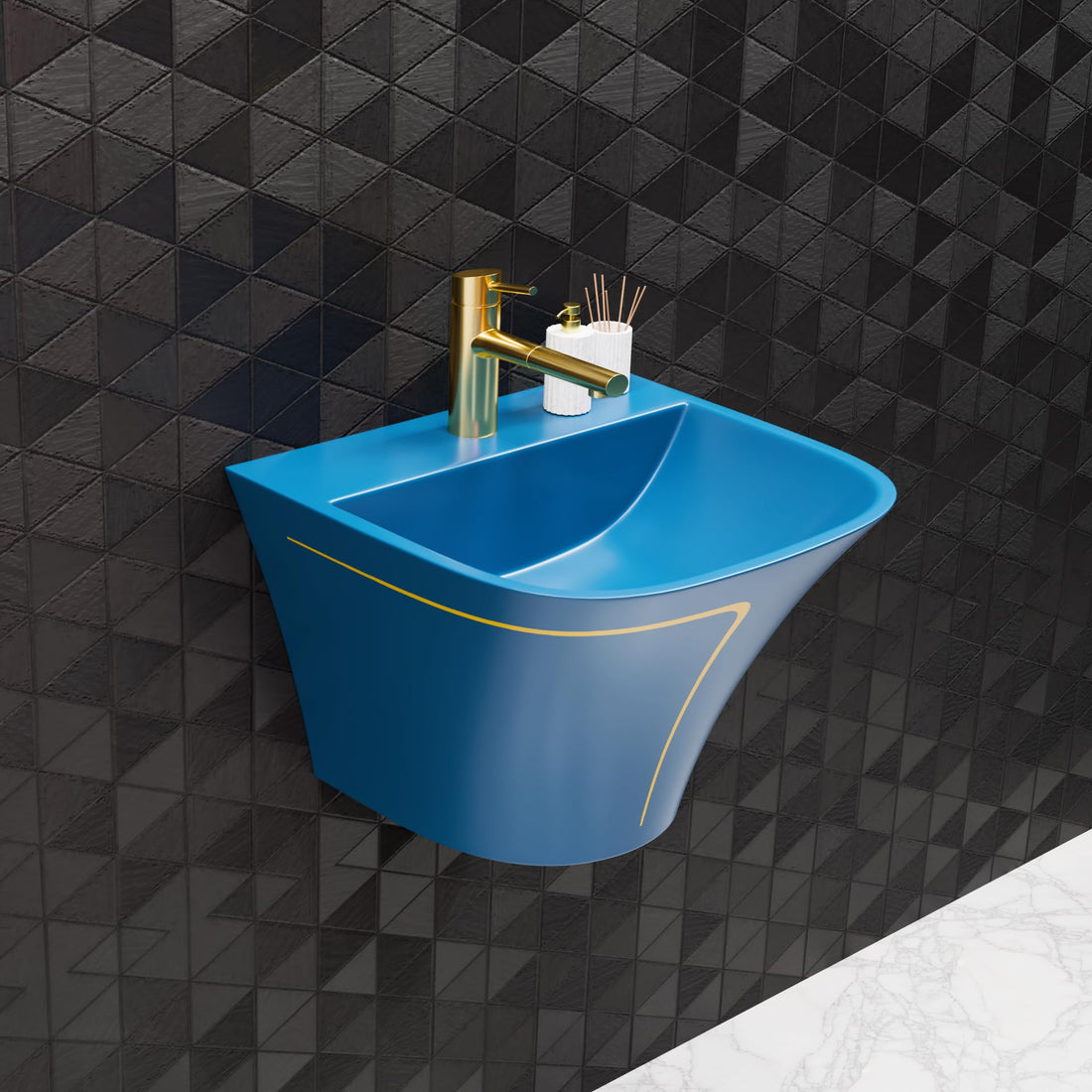 InArt wall mounted wash basin in blue glossy ceramic, rectangular slim rim, front view
