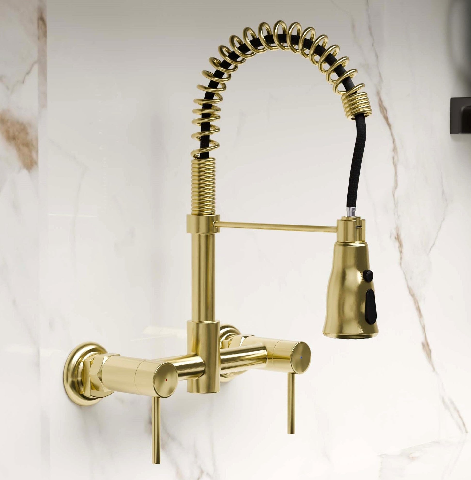 InArt sink mixer wall mounted brass kitchen tap in brushed gold with 360° swivel pull-out sprayer, front view
