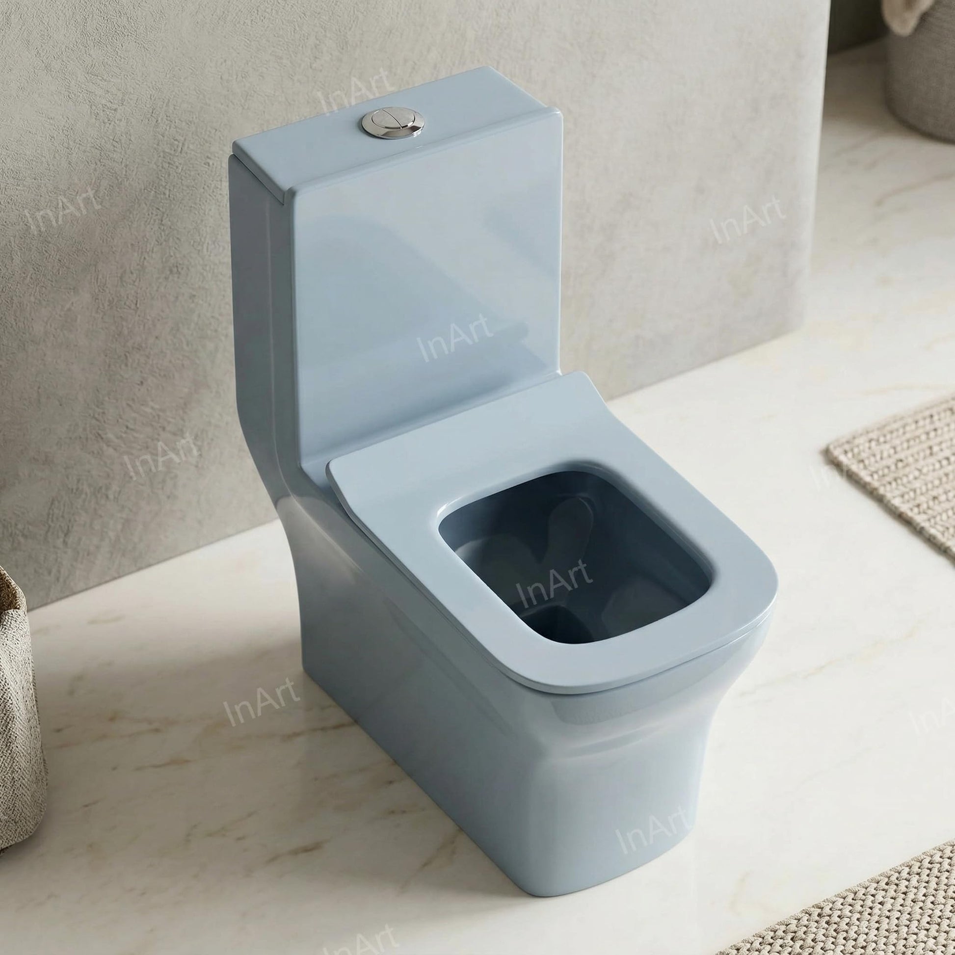 Light blue ceramic one piece western commode, floor mounted S-trap water closet angled side view